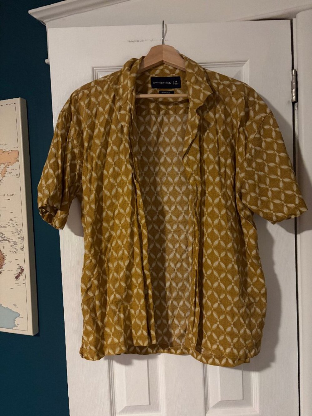 Abercrombie & Fitch Relaxed Camp Collar Shirt Mustard Geometric Print Size M